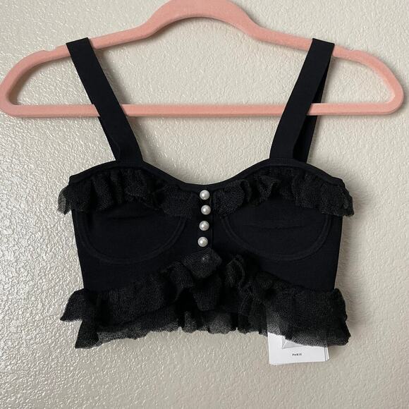Sandro Top Womens Size 0 Black Barbara Cropped Knit Ruffle Sleeveless Tank NWT - Picture 4 of 13